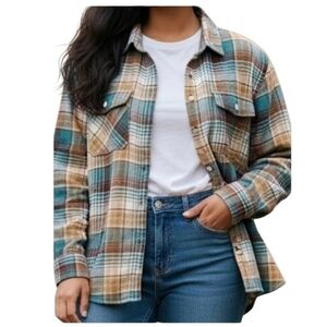 Old Navy Plaid Button-Down Shirt Jacket in Teal, Tan and Brown